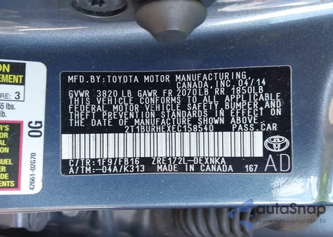 2014 Toyota Corolla Le из США, поврежденный, VIN 2T1BURHEXEC158540